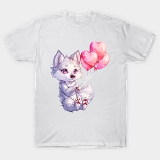 Valentine Wolf Holding Heart Shaped Balloons T-Shirt